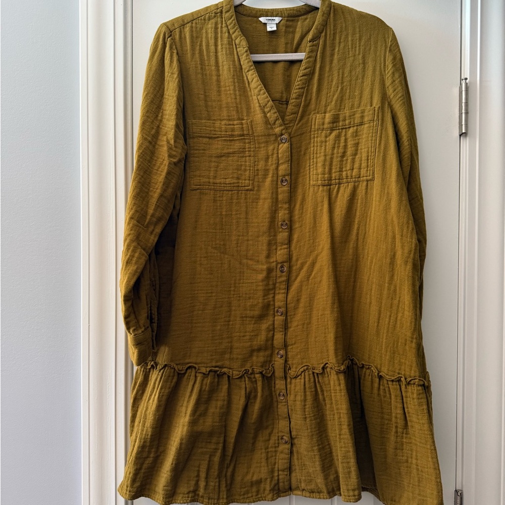 Sonoma Olive Green Button-Front Long Sleeve Dress